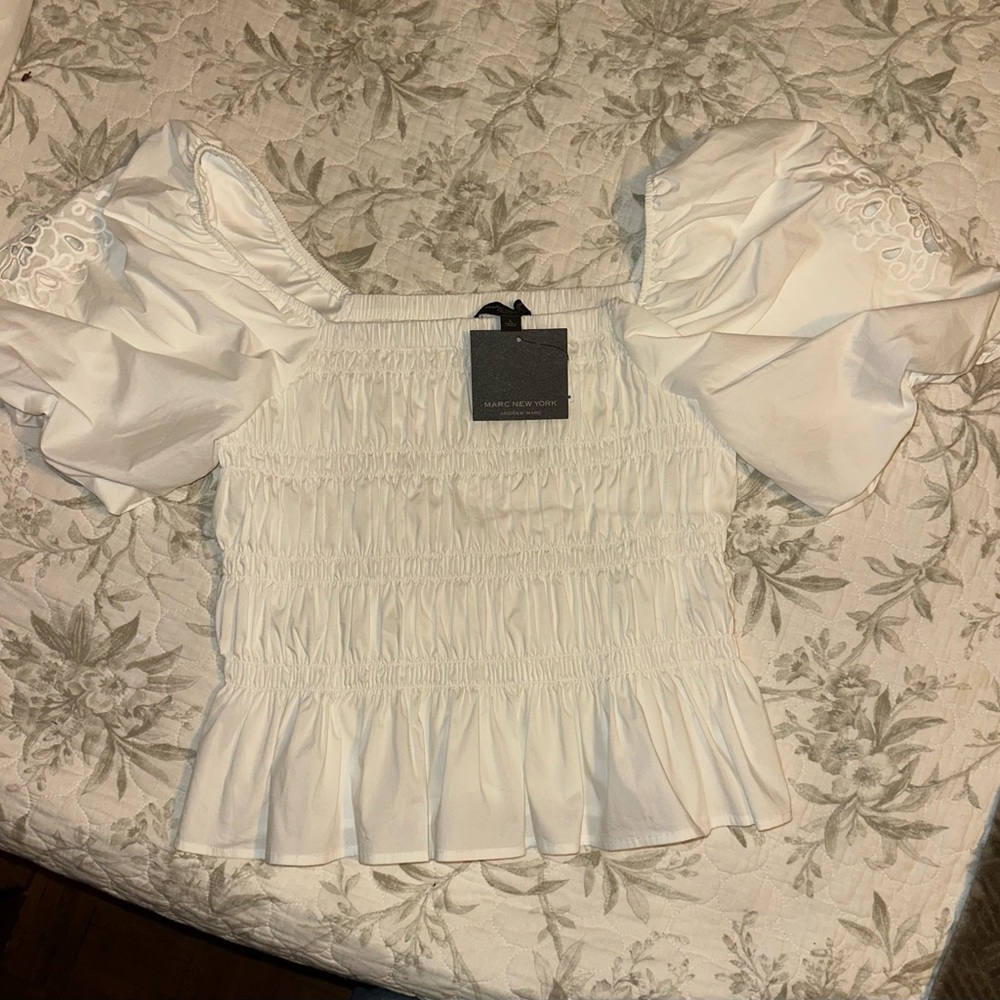 Marc Fisher White Smocked Ruffled Blouse